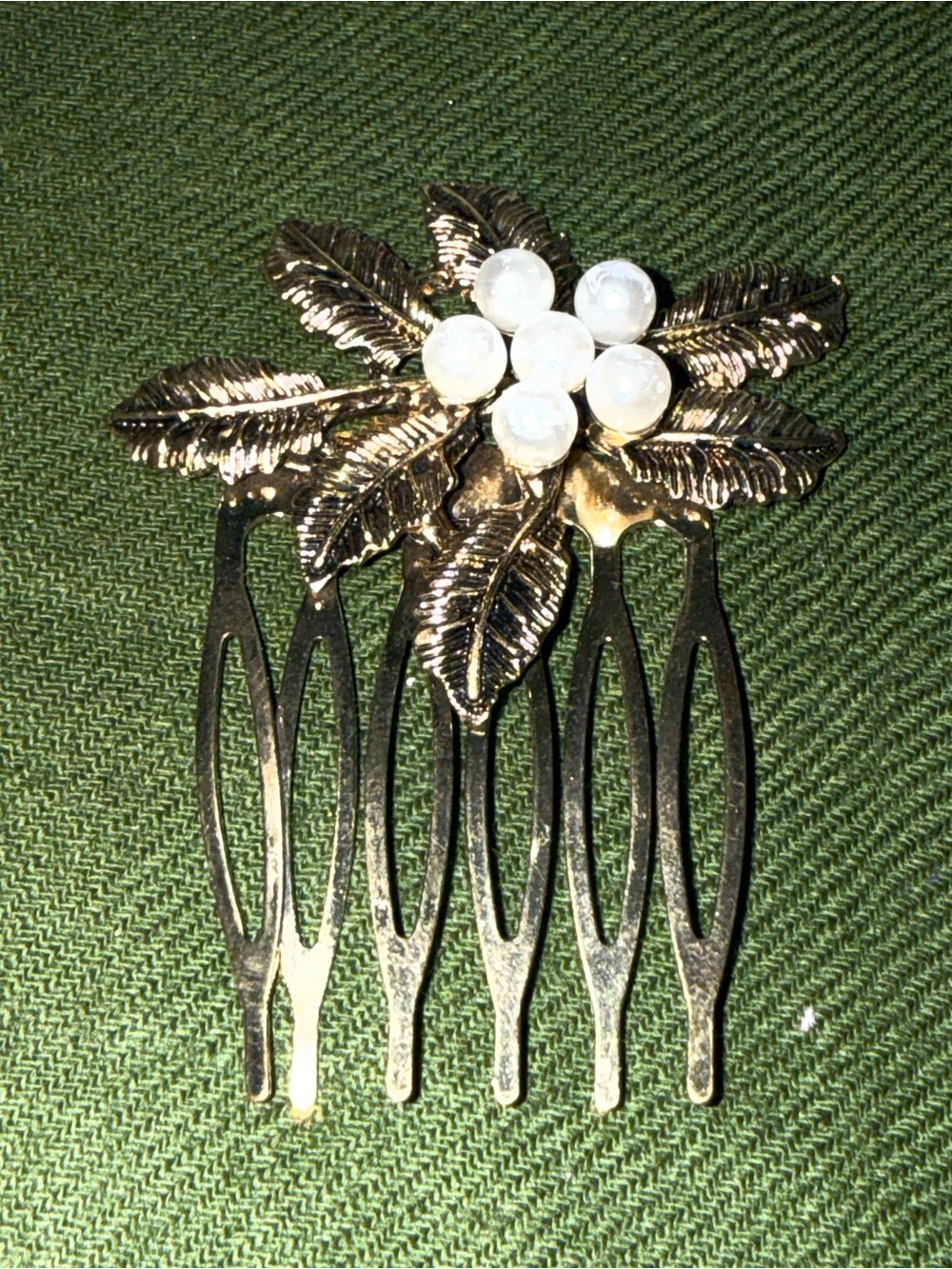 Gold Leaf Hair Comb with Pearl Cluster - Women Accessories